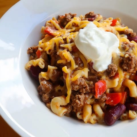 Tantalizing image of creamy One-Pot Chili Mac, perfect for a comforting family dinner tonight.
