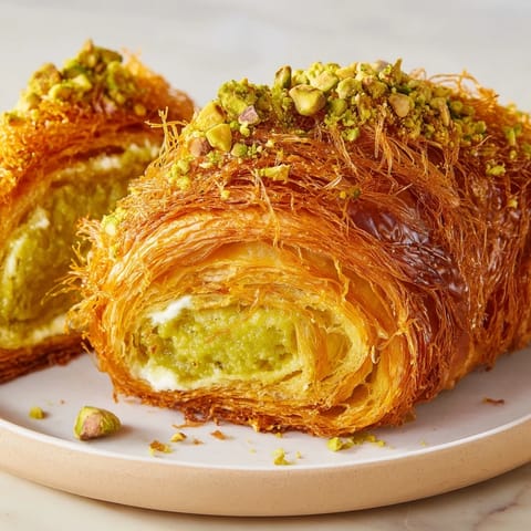 These baked Pistachio Cream Croissants feature a rich pistachio filling inside a buttery croissant.