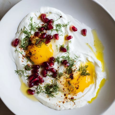 Close-up of Turkish Çılbır: Soft poached eggs rest atop garlicky yogurt, with a sumac spice garnish.
