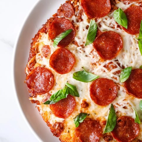 Homemade ground beef pizza base topped with bubbly cheese and savory pepperoni, ready to eat.