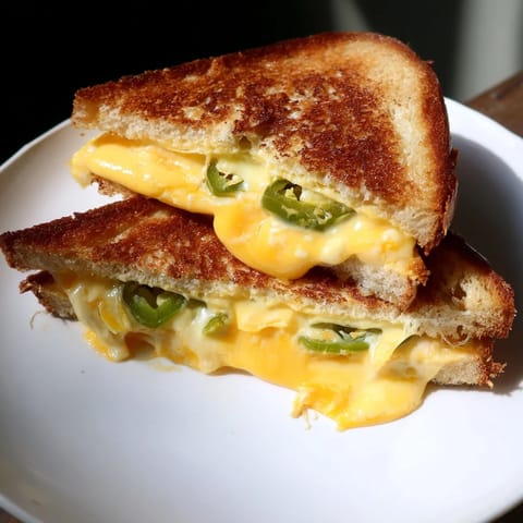 Close-up of a perfectly grilled cheddar jalapeño grilled cheese, showing melted cheese and peppers.