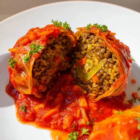 Tender green cabbage leaves stuffed with lentils and rice for a comforting plant-based meal.