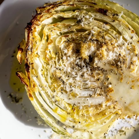 Golden roasted cabbage wedges brushed with garlic oil and topped with crispy Parmesan, served hot and savory.