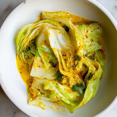 A steaming bowl of Coconut Braised Cabbage, its silky spiced sauce clinging to each leaf, garnished with crunchy toasted coconut flakes.  