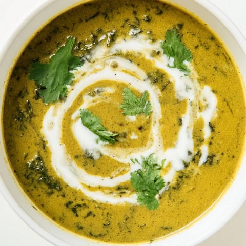 Creamy vegan Spinach Coriander Lemongrass Soup served steaming hot in a rustic ceramic bowl, ready for a comforting lunch.