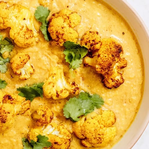 Golden cumin-roasted cauliflower florets served over creamy, aromatic red lentil Dhal.