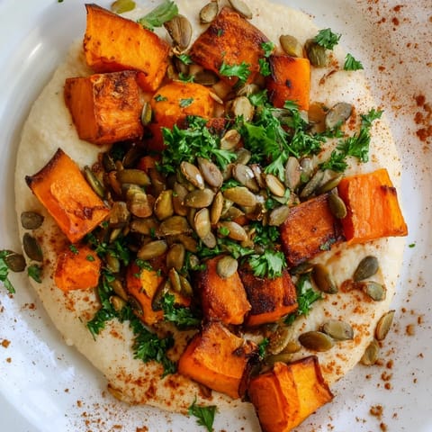 Vibrant Roast Squash and Hummus Winter Salad with colorful bell peppers and a dusting of smoked paprika.  