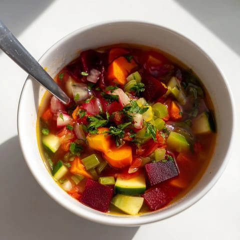 The simmering pot of Rainbow Vegetable Detox Soup is filled with chopped tomatoes, bell peppers, and fresh herbs.