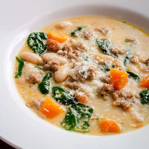 Golden creamy Tuscan white bean soup with sausage, spinach, and carrots in a rustic bowl, topped with grated Parmesan.