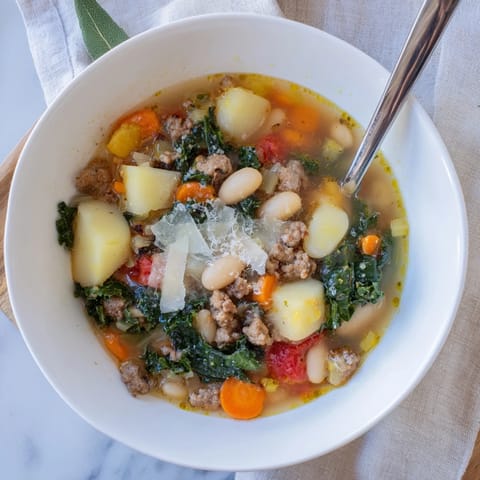 Hearty Tuscan White Bean Sausage Soup garnished with Parmesan and crusty bread slices.