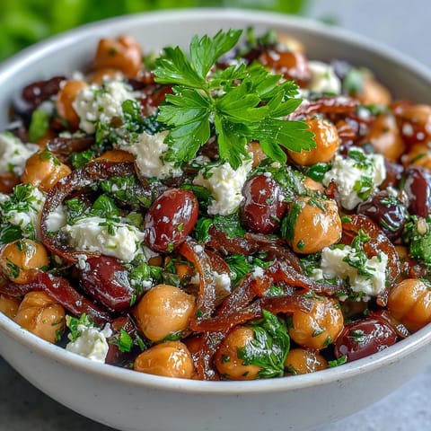 Freshly tossed Divorce Salad in a rustic bowl features chickpeas, black beans, feta, and vibrant red onion slices.