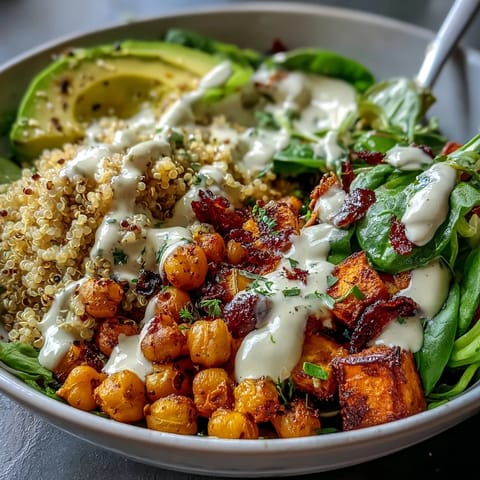 Colorful Anti-Inflammatory Glow Bowl with creamy tahini yogurt sauce, fresh spinach, avocado slices, and golden roasted sweet potatoes on a plate.