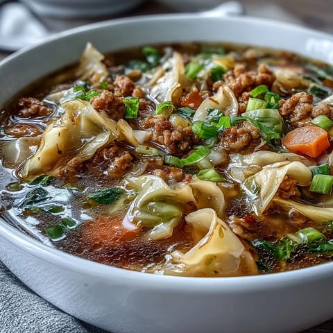 Hearty One-Pot Egg Roll Soup with savory ground pork, crisp cabbage, and a spoonful of broth.