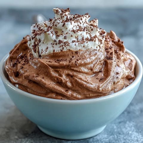 Creamy chocolate protein fluff in a bowl, topped with fresh berries and chocolate chips for a healthy snack.