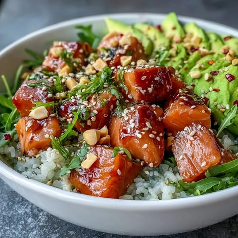 Freshly prepared Avocado Salmon Bowl with rich tamari, crunchy peanuts, and spicy chili oil.
