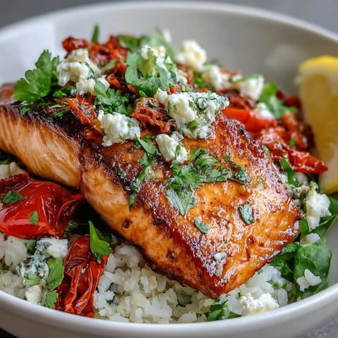 Juicy pan-seared Mediterranean Salmon Bowl bursting with colorful veggies and feta.
