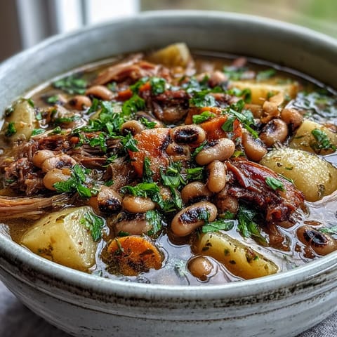 A bowl of hearty Black-Eyed Pea Stew with Smoked Ham Hocks, featuring tender peas, carrots, and shredded meat in a rich, savory broth.