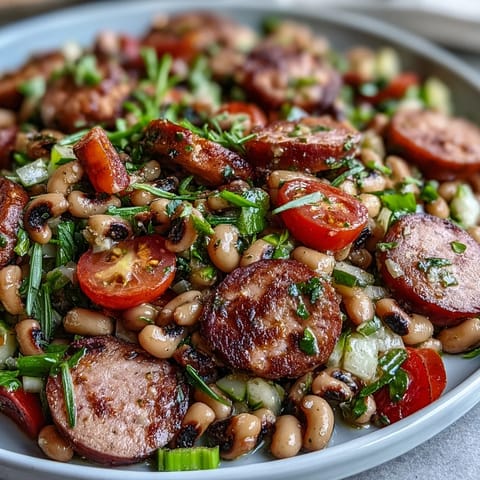 Fresh Hoppin John Style Black-Eyed Pea Salad with turkey sausage on greens, featuring red bell pepper and cherry tomatoes.
