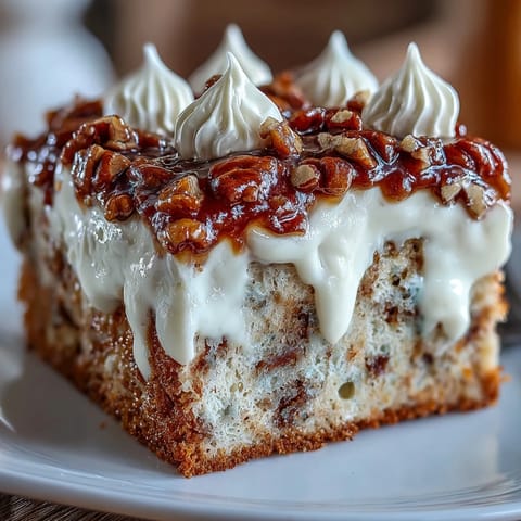 Decadent Butter Pecan Tres Leches Cake layered with milky sponge, crowned by crunchy pecans and fluffy whipped topping on a white plate.
