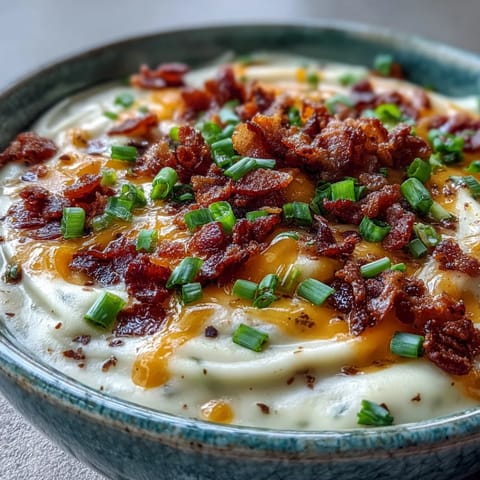 Steaming bowl of Loaded Potato Soup topped with crispy bacon crumbles, melted cheddar, and fresh green onions.