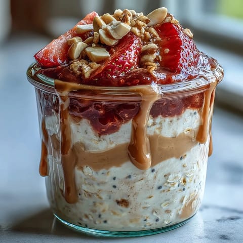 A clear view of High-Protein Peanut Butter & Jelly Overnight Oats topped with sliced strawberries and a rich peanut butter drizzle.
