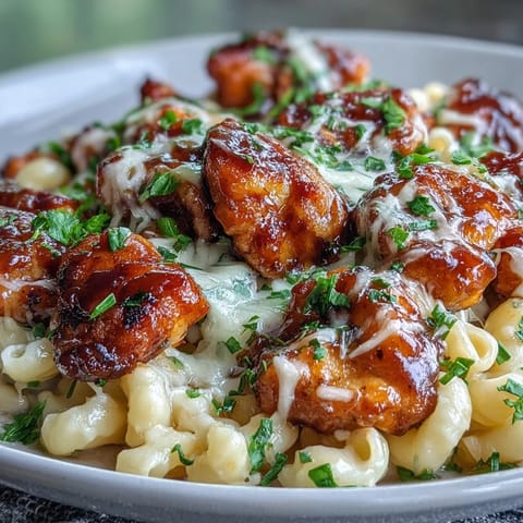 Savory Sticky Honey BBQ Chicken Pasta Skillet featuring tender chicken bites coated in smoky sauce alongside cheesy macaroni on a rustic table.