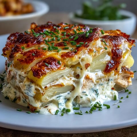 A close-up of Creamy Ranch Chicken Potato Bake layered with chicken and potatoes in a rich ranch sauce.