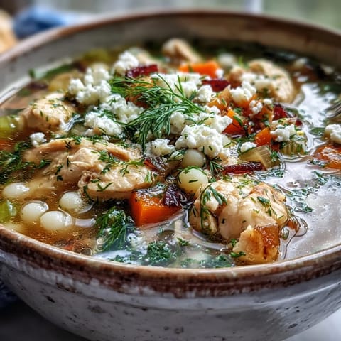 A hearty Greek Chicken & Pearl Couscous Soup garnished with lemon wedges, feta, and dill.