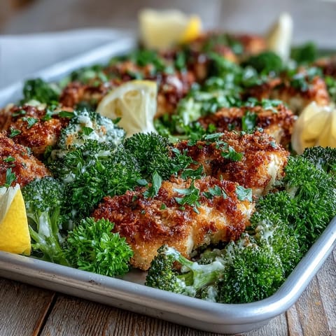 Roasted Crispy Parmesan Broccoli & Chicken Trays garnished with parsley and lemon wedges on the side.
