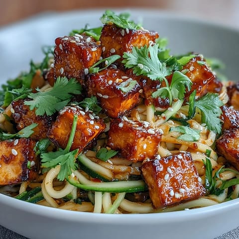 A close-up of TikTok-Style Chili Crisp Cucumber Noodle Bowls topped with golden tofu and sesame seeds.