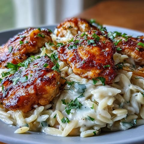 Tender pieces of chicken and al dente orzo tossed in a velvety garlic Parmesan cream sauce, ready to serve.