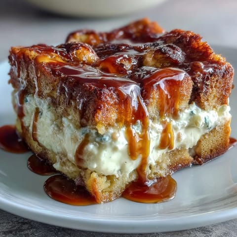 A close-up of golden Caramel Cream Cheese French Toast Casserole on a plate, topped with whipped cream and fresh raspberries for brunch.