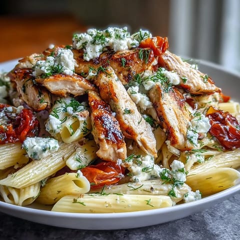 Roasted Garlic & Feta Chicken Pasta in a skillet with fresh herbs and lemon zest, ready to serve.