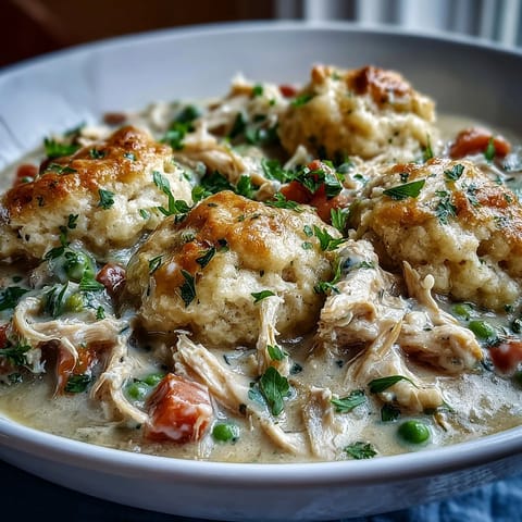Fluffy drop biscuits top a hearty bowl of Slow Cooker Ranch Chicken & Dumplings, garnished with parsley.