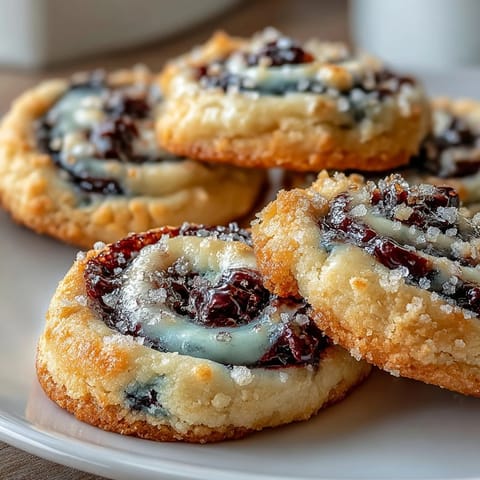 These Easy Blueberry Cheesecake Swirl Cookies feature a soft, chewy texture with a vibrant purple swirl on a white plate.