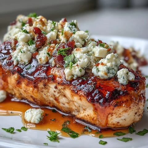 Hot Honey Feta Chicken breasts featuring golden, melted feta cheese and a glistening drizzle of spicy honey sauce served from a cast iron skillet.