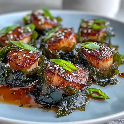 Seaweed-Wrapped Scallops with Ponzu Sauce are pan-seared and drizzled with tangy citrus ponzu sauce, garnished with green onions.