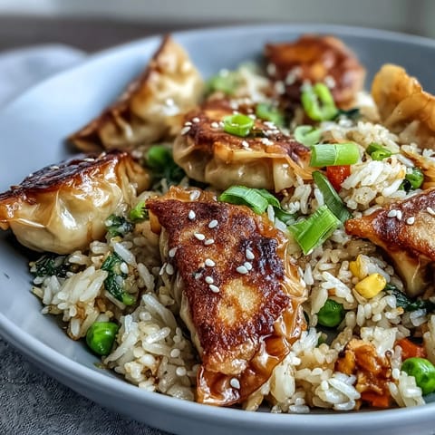 A close-up of sizzling Trader Joe's dumpling fried rice, featuring crispy dumpling pieces and vibrant vegetables, garnished with fresh cilantro.