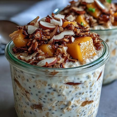 Spoon digging into a creamy mango chia overnight oats jar layered with tropical fruit and toasted coconut.