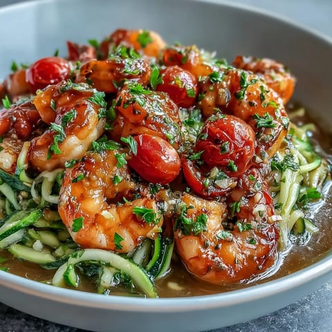 Garnished with cherry tomatoes and fresh parsley, this 15-Minute Zucchini Noodle Shrimp Bowl looks ready to serve.