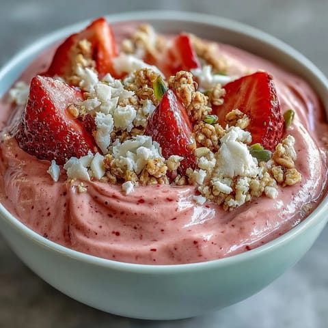 Thick and creamy Strawberry Protein Smoothie Bowl topped with fresh berries, crunchy granola, and seeds.
