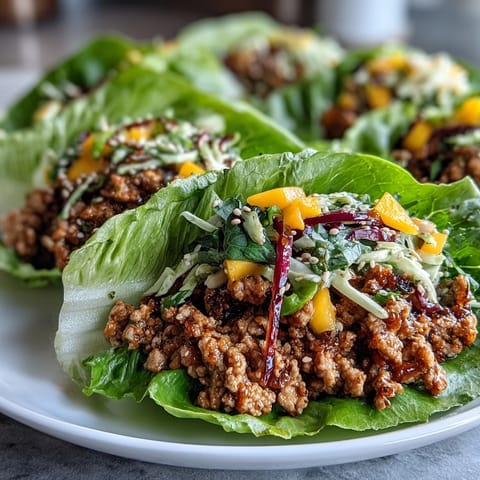 These skinny spicy turkey lettuce tacos with mango slaw are garnished with lime wedges for a bright, tangy finish.