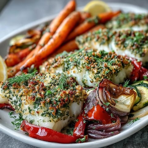 Fork-tender Herb-Crusted Baked Cod with Roasted Vegetables served on white plates with fresh herbs and lemon wedges.