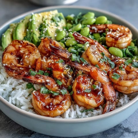 Vibrant poke bowl featuring tender shrimp, sweet mango, and crisp vegetables, served over brown rice with a tangy sesame dressing.