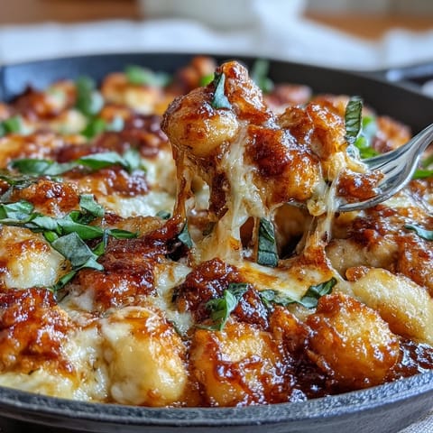 Golden-baked Chicken Parmesan Gnocchi skillet with tender gnocchi, shredded chicken, marinara sauce, and a crispy panko-Parmesan topping, served hot and bubbling from the oven.