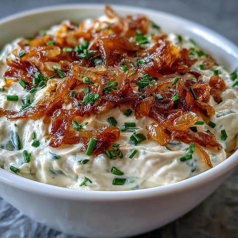 Golden caramelized onions blend into tangy sour cream dip, garnished with bright green chives for a savory appetizer.  