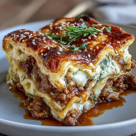 Hearty dumpling lasagna bake with ground pork and cabbage, layered with tender wrappers and melted mozzarella cheese.
