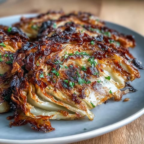 Air Fryer Crispy Cabbage Steaks with Garlic Butter, golden and caramelized, served with a glossy herb-infused garlic butter drizzle.  