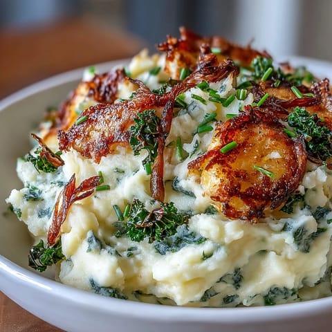 Golden mashed potatoes blended with buttery leeks and crowned with oven-crisped kale leaves for an Irish-inspired twist.  