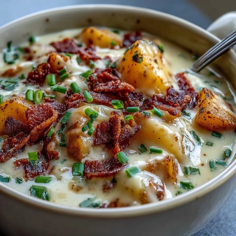 A hearty Irish-American potato soup with tender chunks, Greek yogurt, and smoky bacon crumbles.  